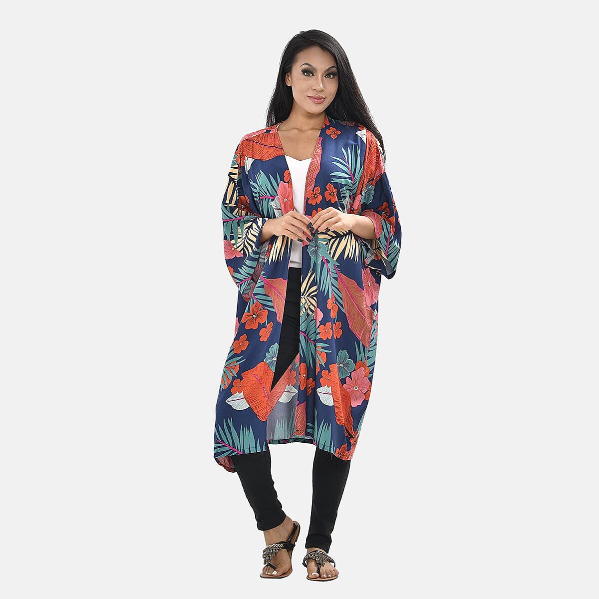 100% Viscose Tropical Printed Long Kimono (One Size, 8-22) - Navy and Coral