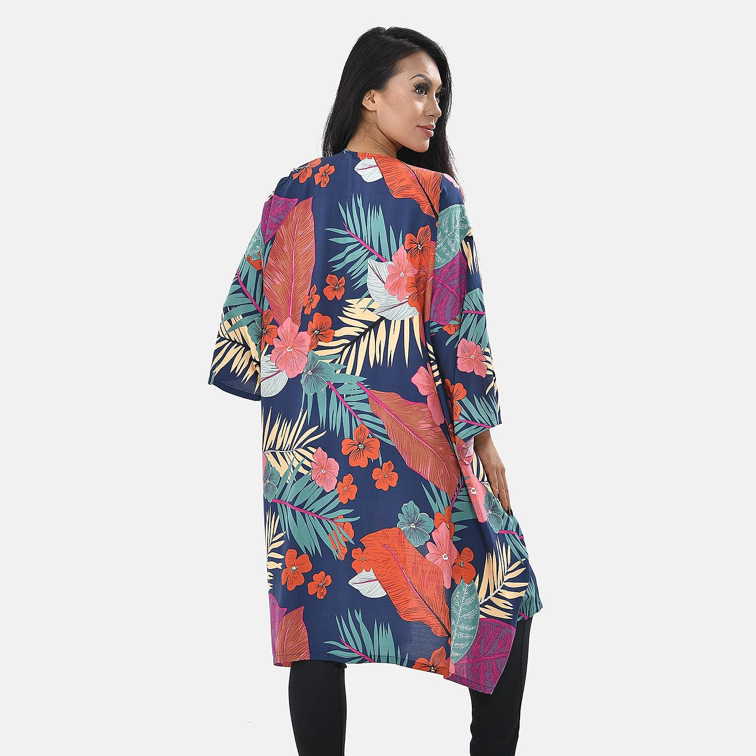 100% Viscose Tropical Printed Long Kimono (One Size, 8-22) - Navy and Coral