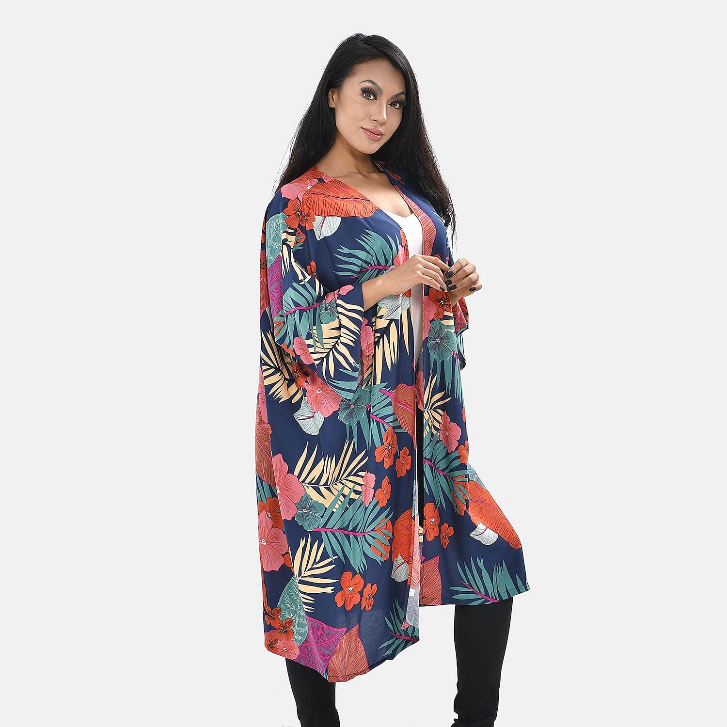 100% Viscose Tropical Printed Long Kimono (One Size, 8-22) - Navy and Coral