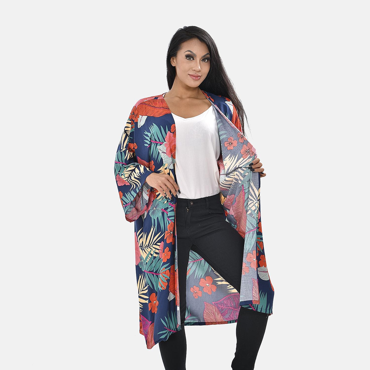100% Viscose Tropical Printed Long Kimono (One Size, 8-22) - Navy and Coral