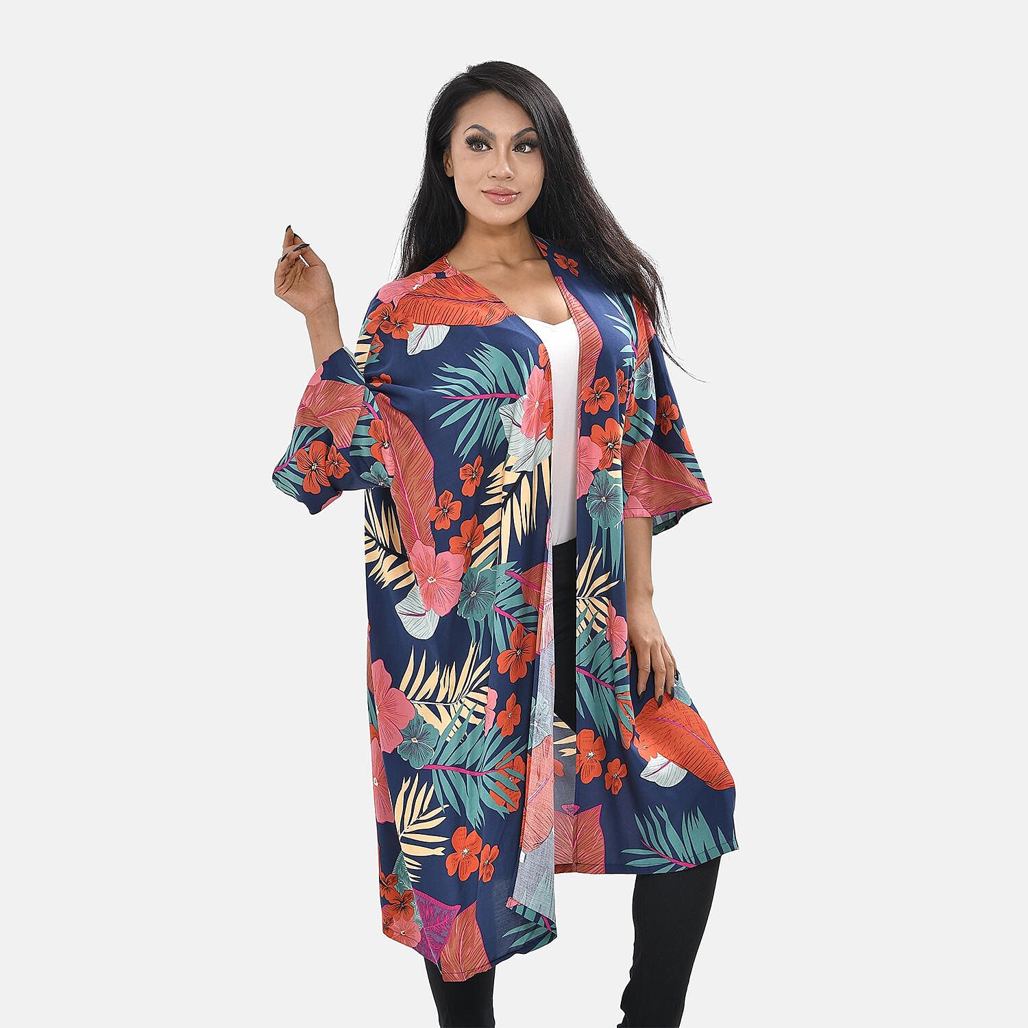 100% Viscose Tropical Printed Long Kimono (One Size, 8-22) - Navy and Coral