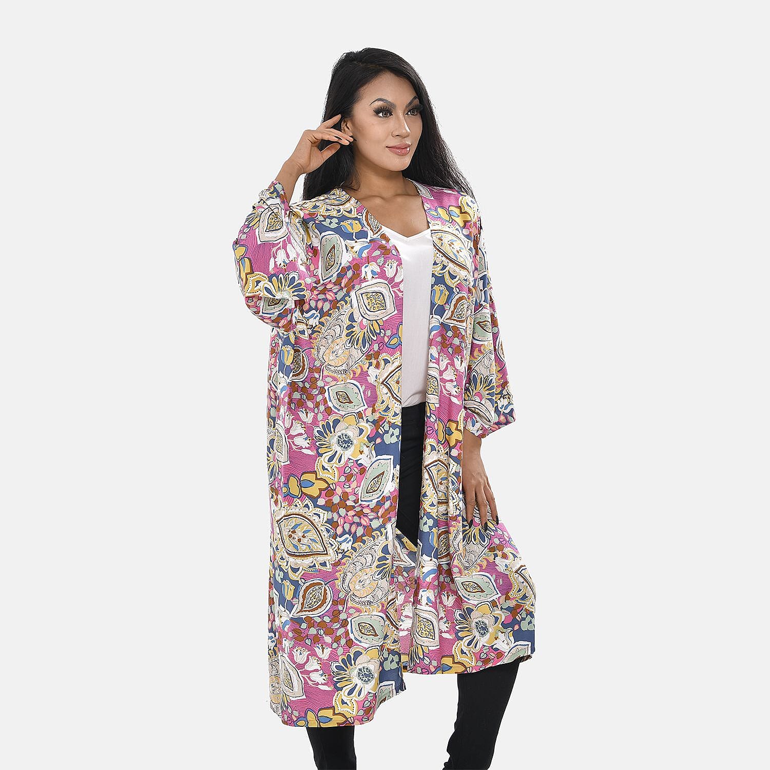 Pink Flower Printed Long Kimono (One Size, 8-22) - Pink