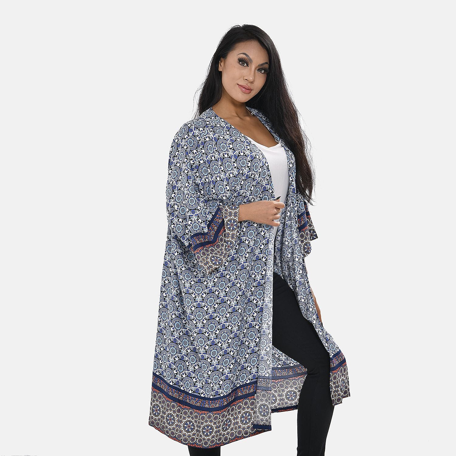 Bohemian Printed Long Kimono (One Size, 8-22) - Blue