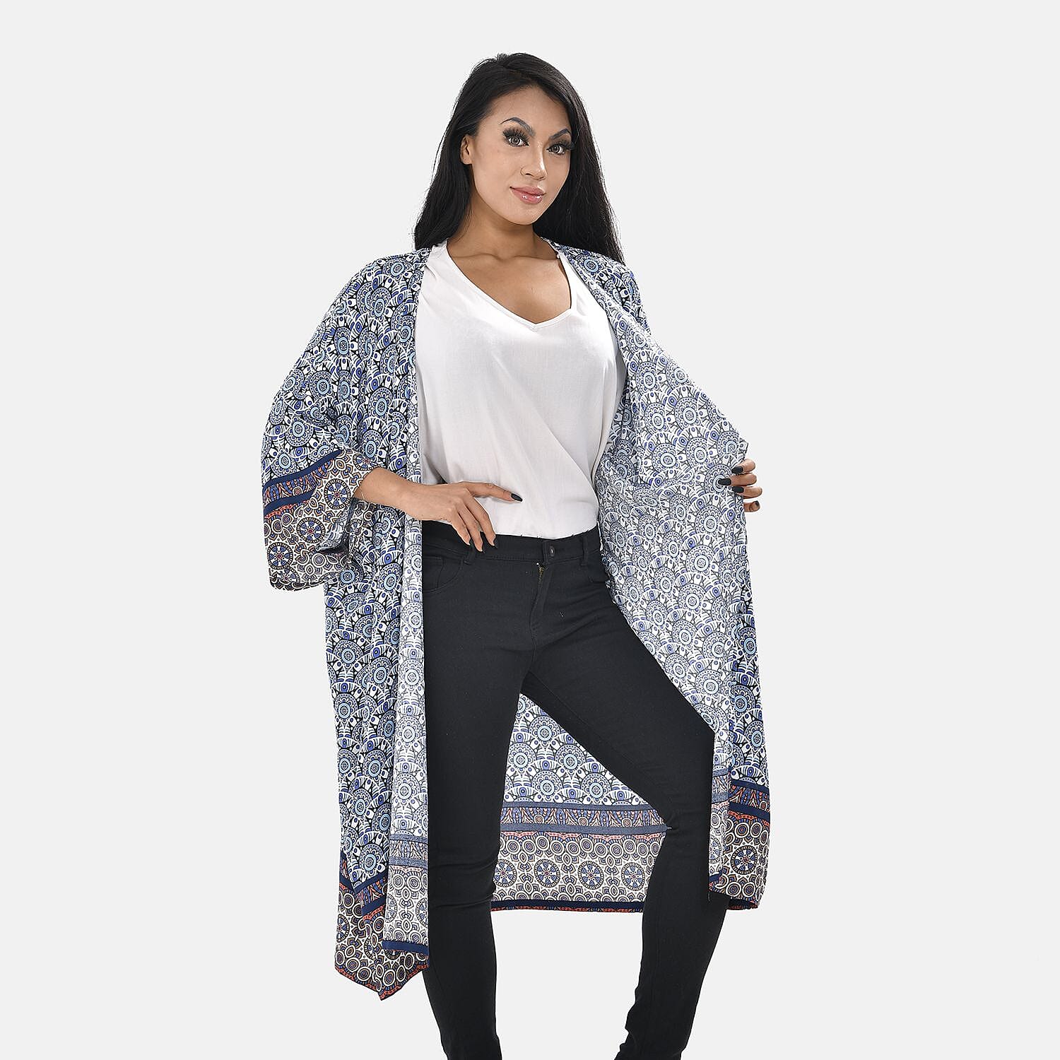 Bohemian Printed Long Kimono (One Size, 8-22) - Blue