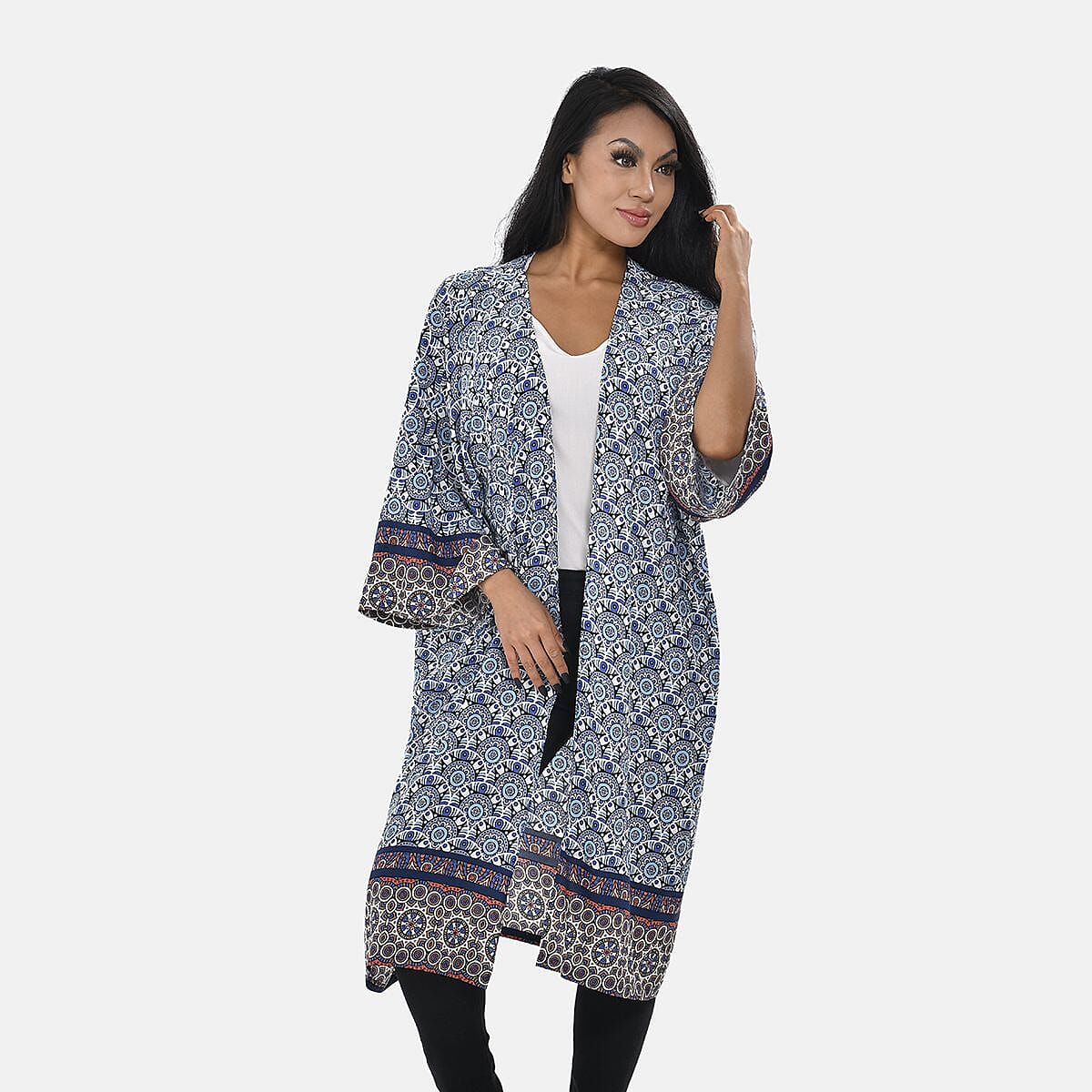 Bohemian Printed Long Kimono (One Size, 8-22) - Blue