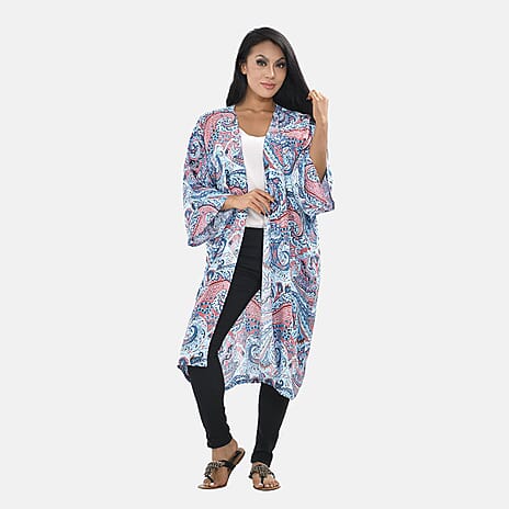 Paisly Printed Long Kimono (One Size, Fit to 22) - Blue