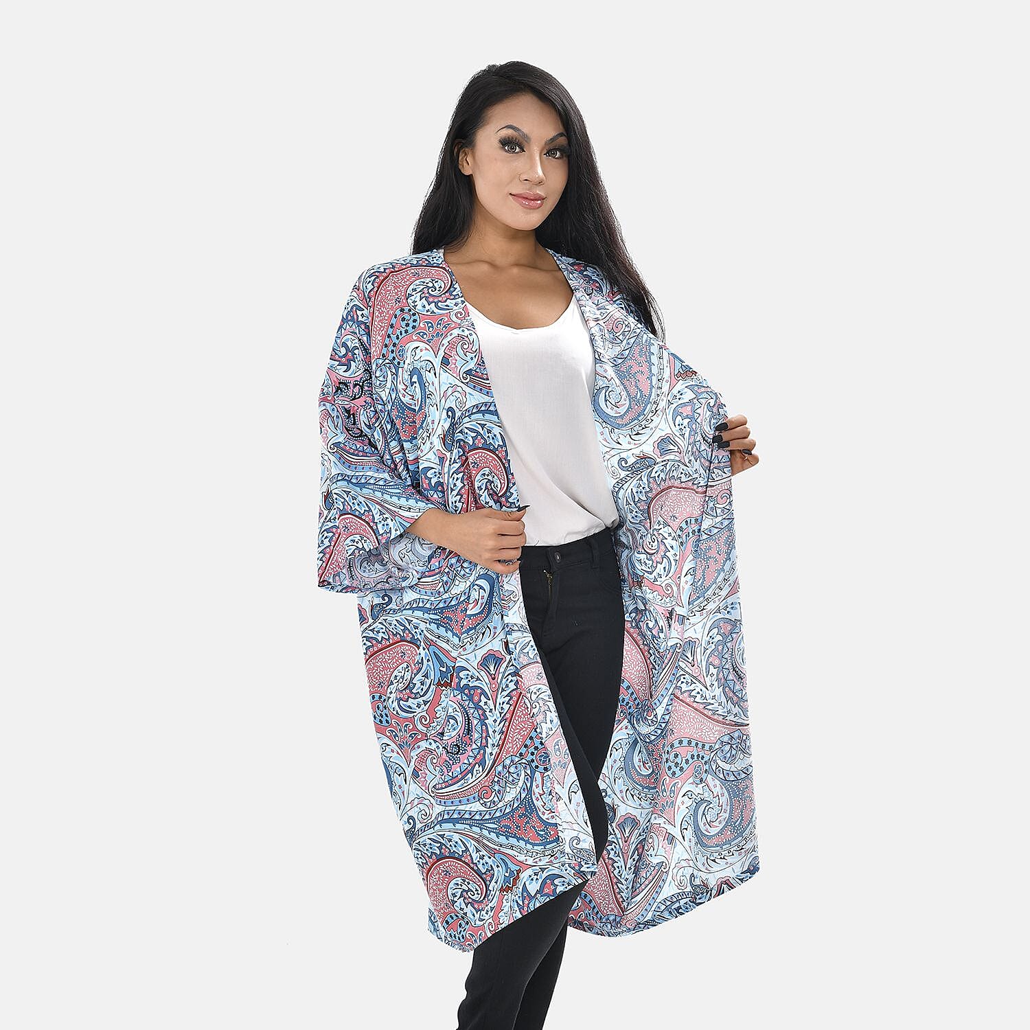 Paisly Printed Long Kimono (One Size, Fit to 22) - Blue