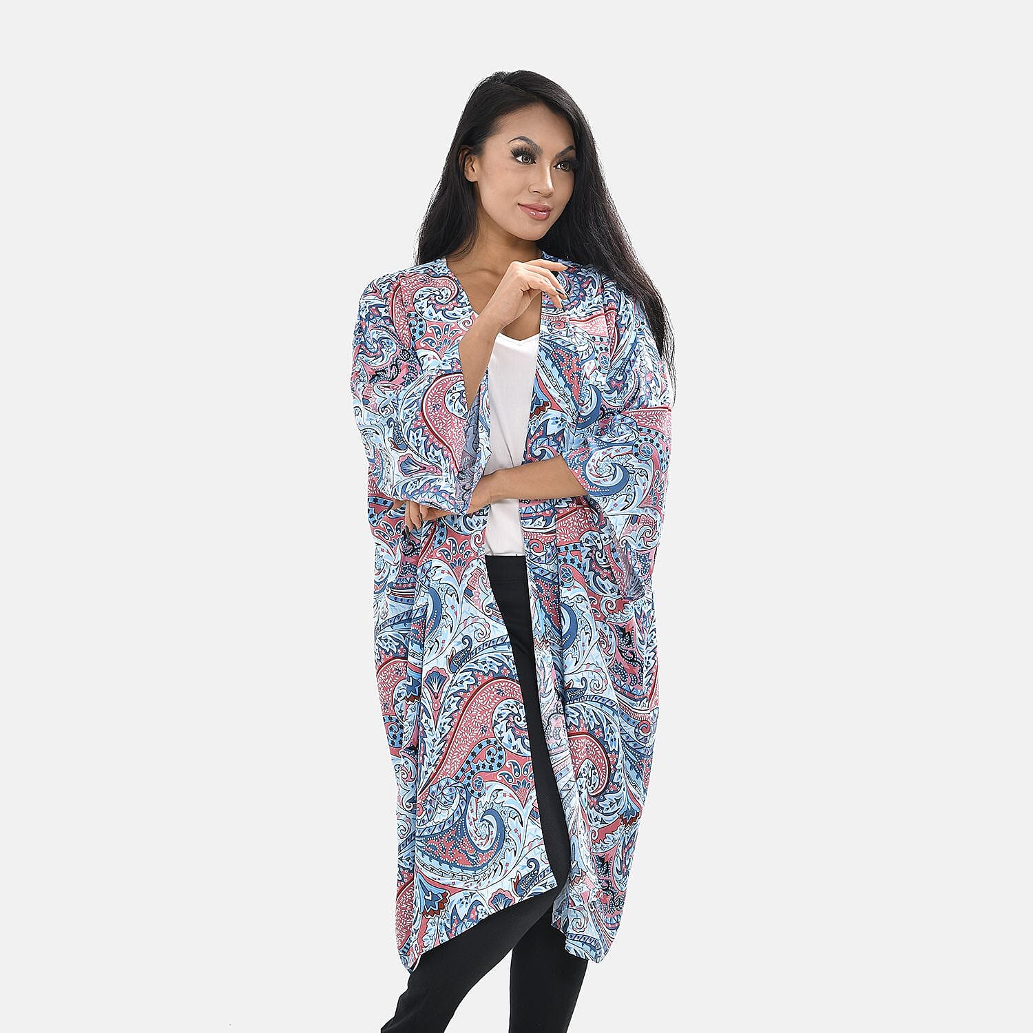 Paisly Printed Long Kimono (One Size, Fit to 22) - Blue