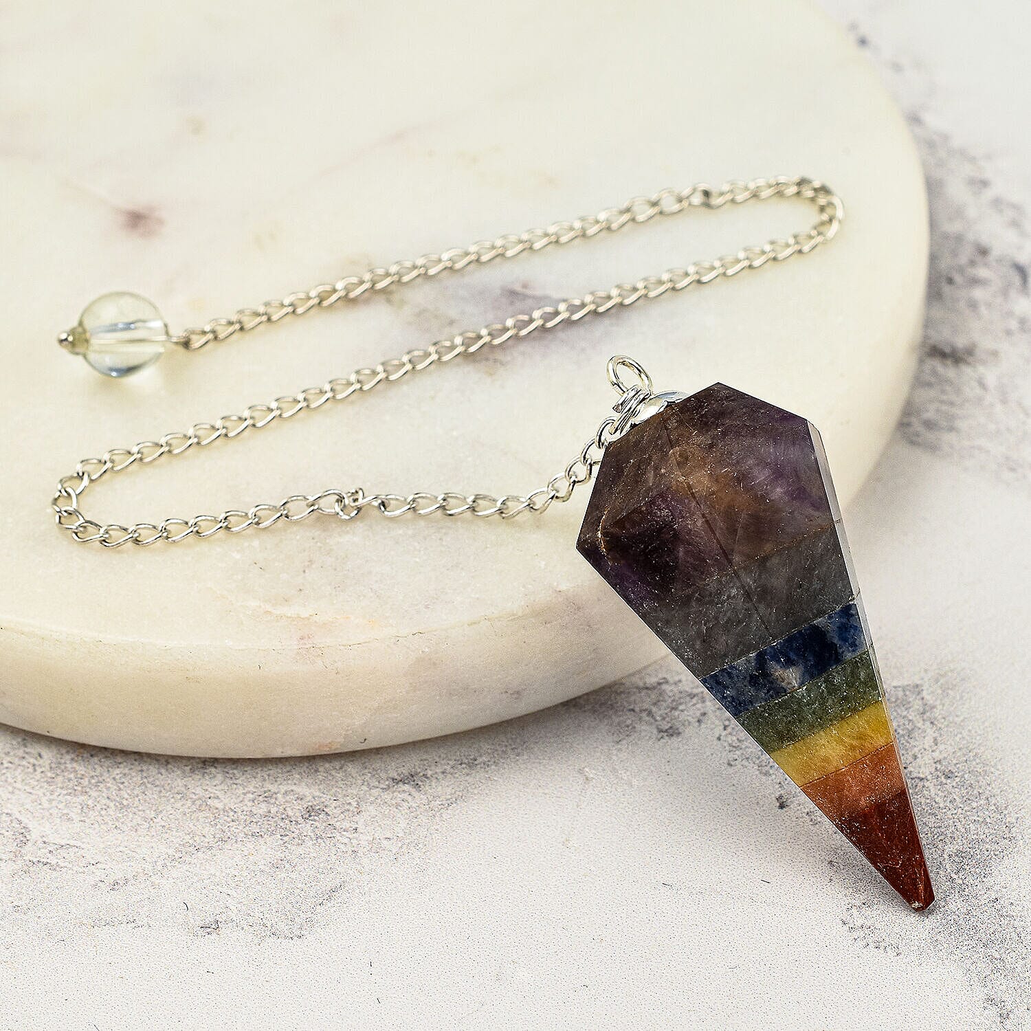 Multi Gemstone Arrow Head 6 Facet Bonded Pendulum (Chakra) With Chain 7 inch in Silver Tone 50.00 Ct.