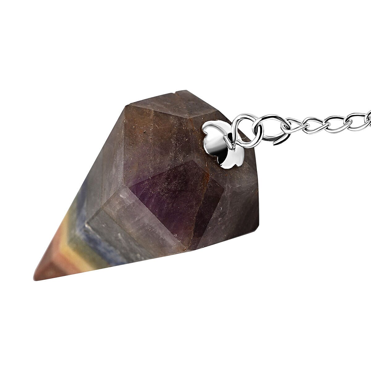 Multi Gemstone Arrow Head 6 Facet Bonded Pendulum (Chakra) With Chain 7 inch in Silver Tone 50.00 Ct.