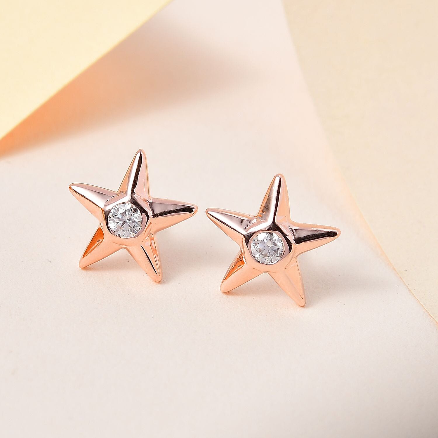 Moissanite Star Earrings with Push Back in 18K Vermeil Rose Gold Plated Sterling Silver