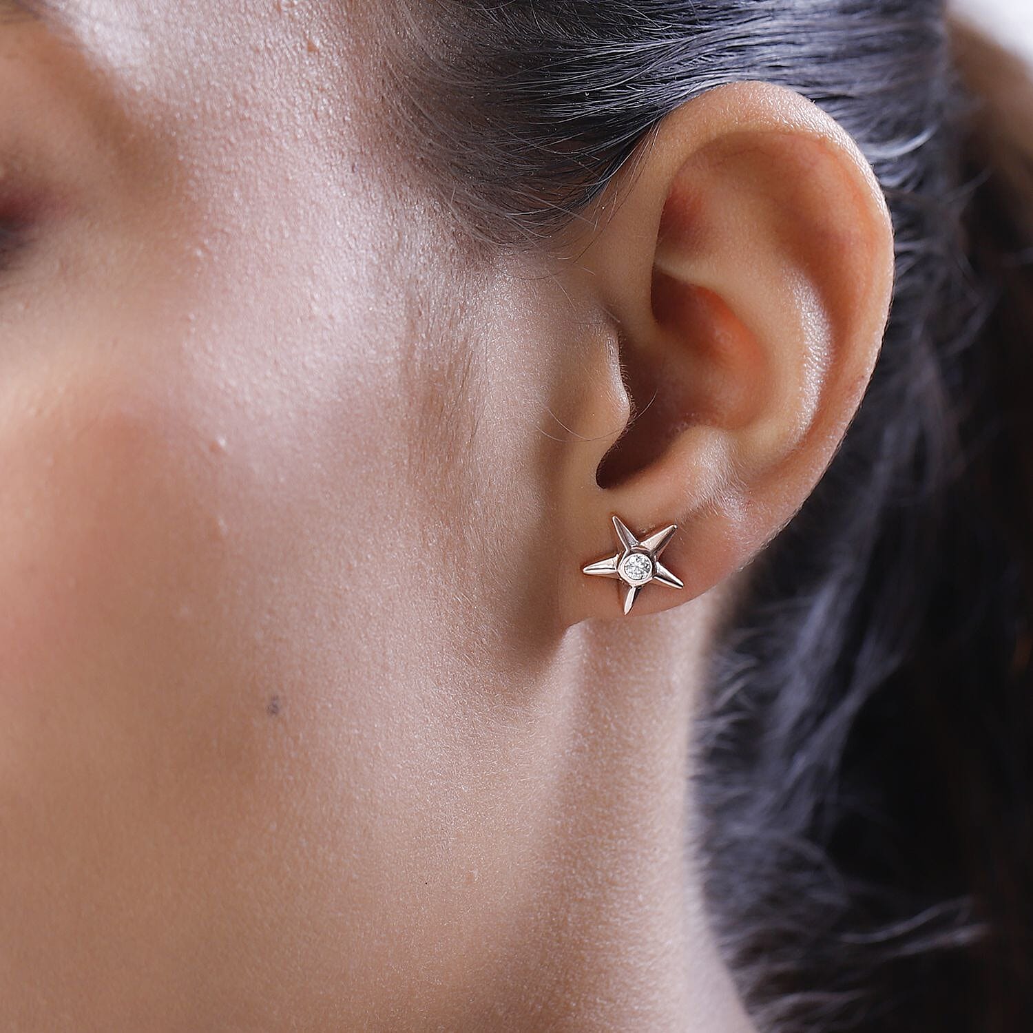 Moissanite Star Earrings with Push Back in 18K Vermeil Rose Gold Plated Sterling Silver
