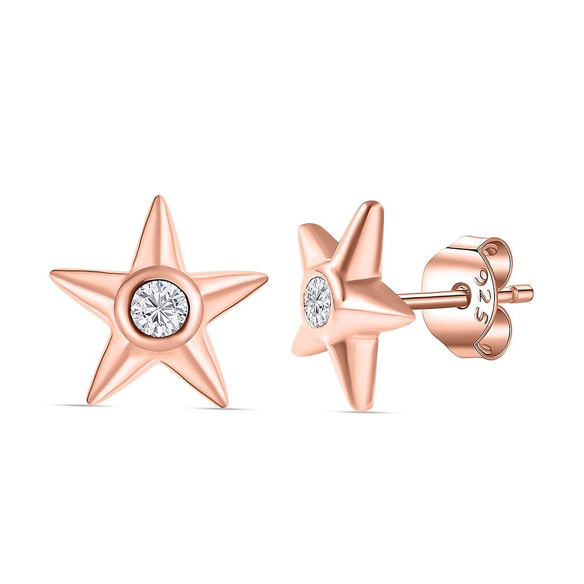 Moissanite Star Earrings with Push Back in 18K Vermeil Rose Gold Plated Sterling Silver