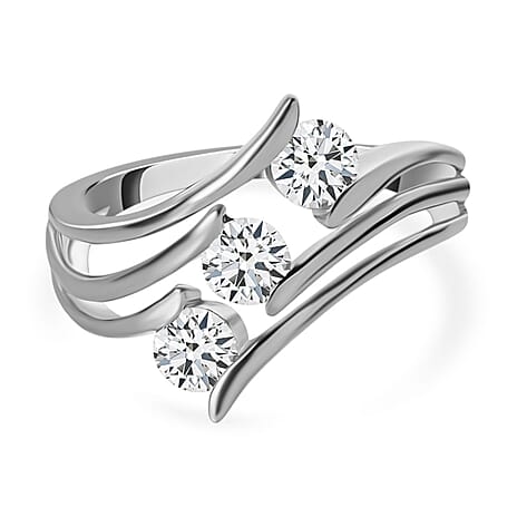 Moissanite 3 Stone Ring in Platinum Overlay Sterling Silver