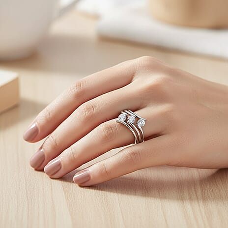 Moissanite 3 Stone Ring in Platinum Overlay Sterling Silver