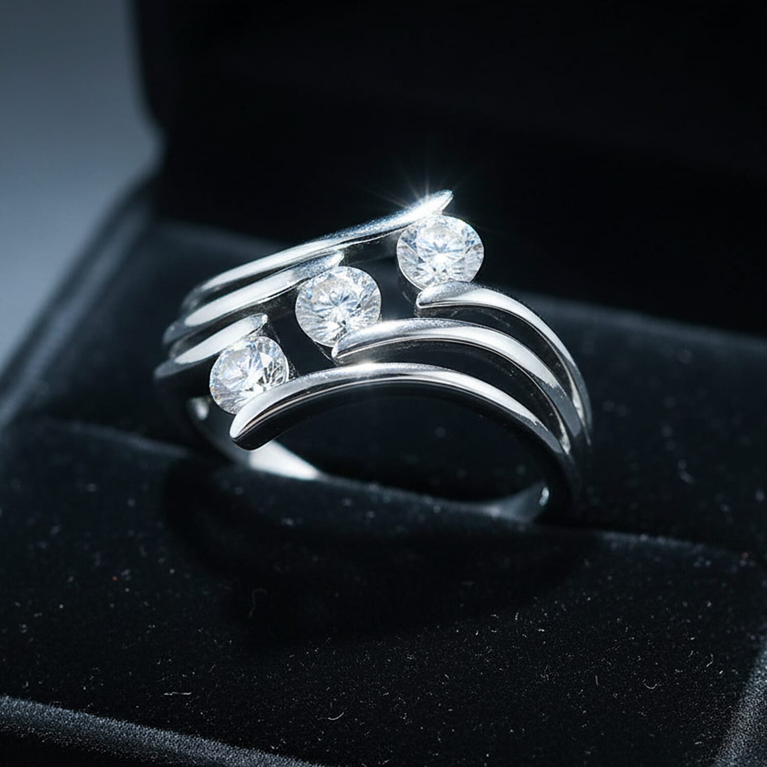 Moissanite 3 Stone Ring in Sterling Silver
