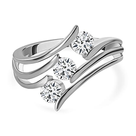 Moissanite Bypass, Trilogy Ring in Platinum Sterling Silver