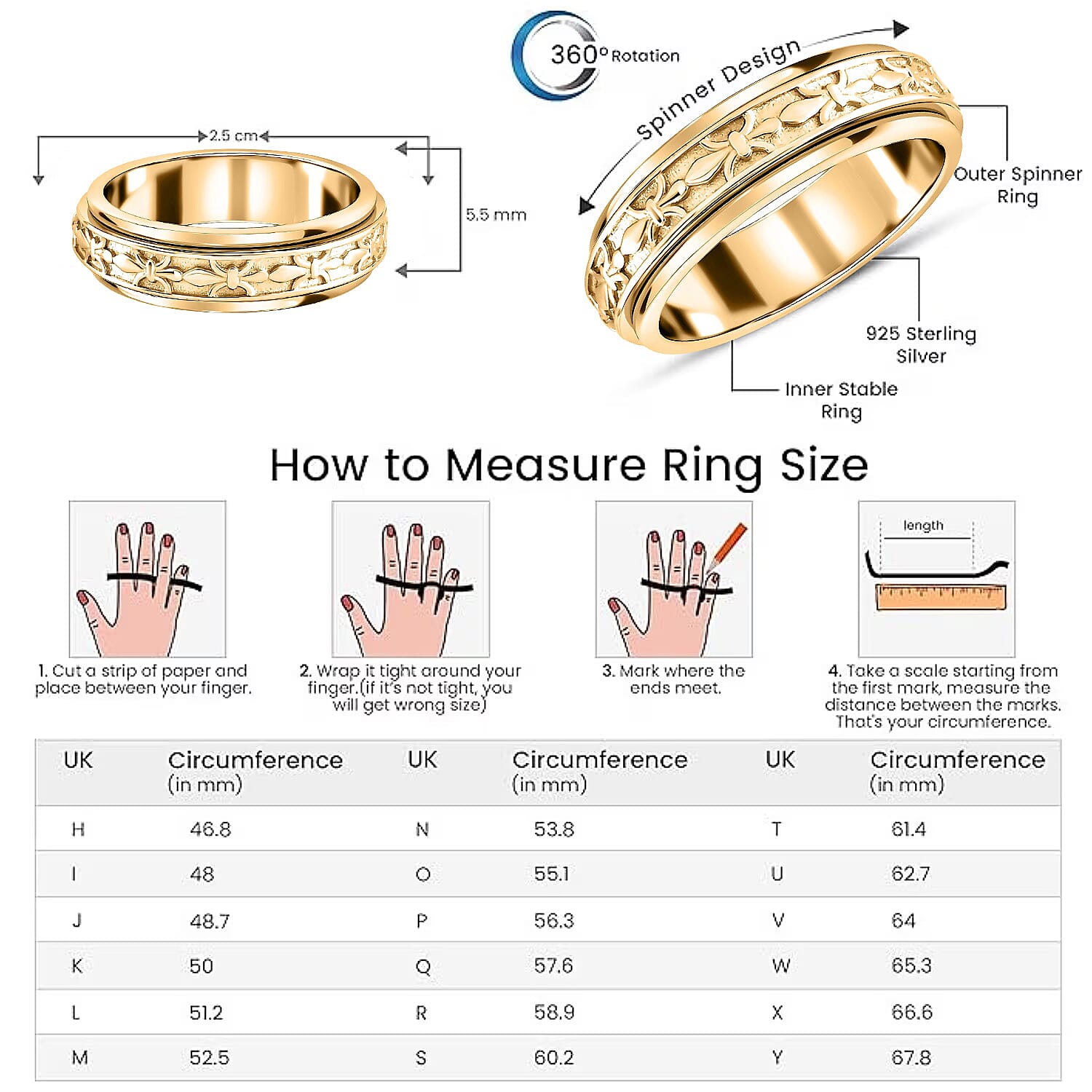 Sterling Silver Fidget Spinner Band Anxiety Stress Reliever Ring for Men and Women