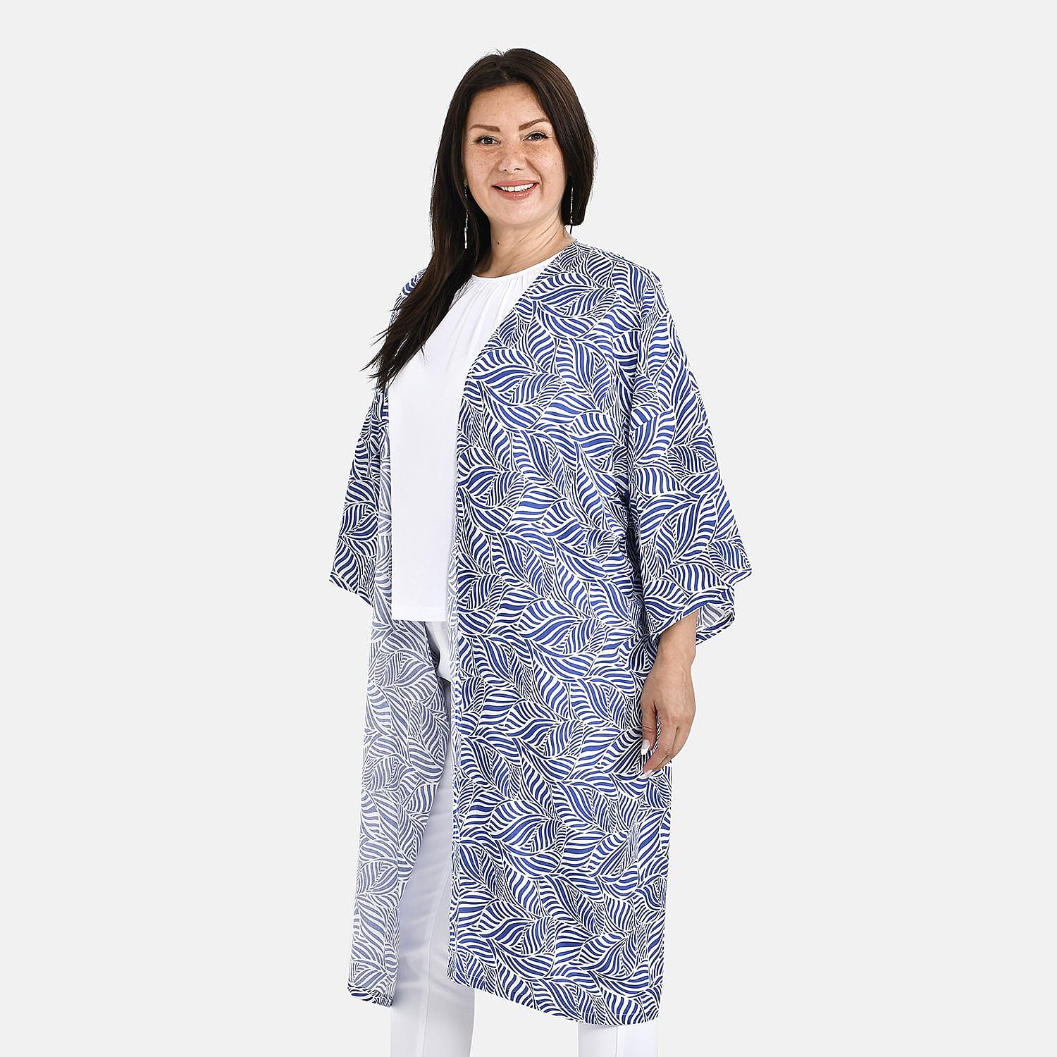 100% Viscose Printed Long Kimono (Size 8-20) - Blue