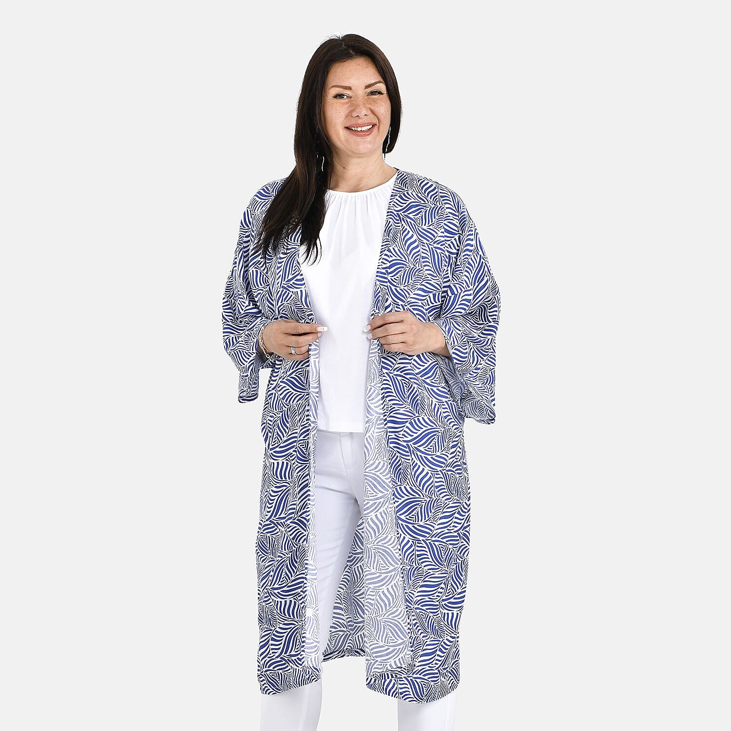 100% Viscose Printed Long Kimono (Size 8-20) - Blue