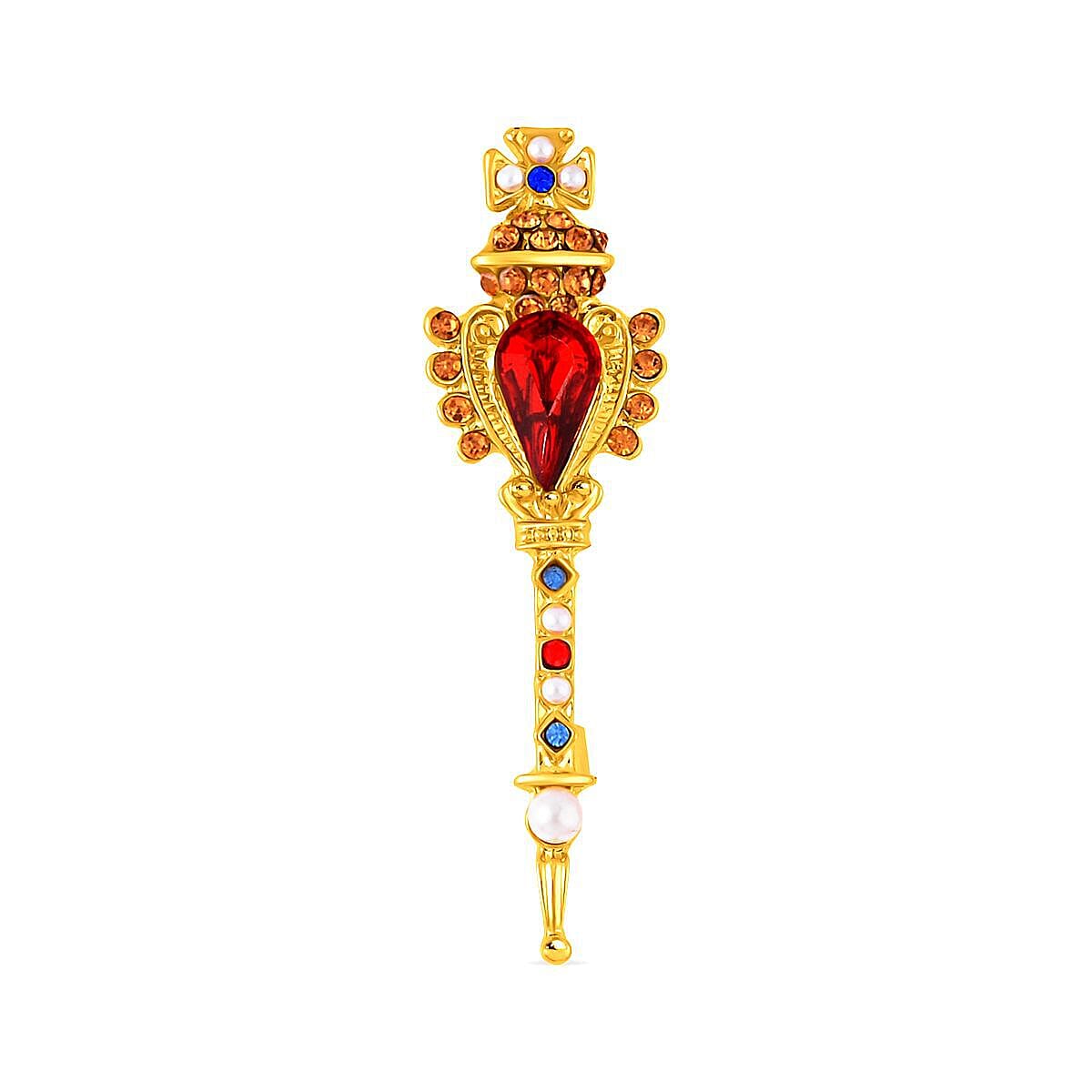 Simulated Pearl, Simulated Red Topaz and Multi Colour Crystal Enamelled Brooch in Yellow Gold Tone