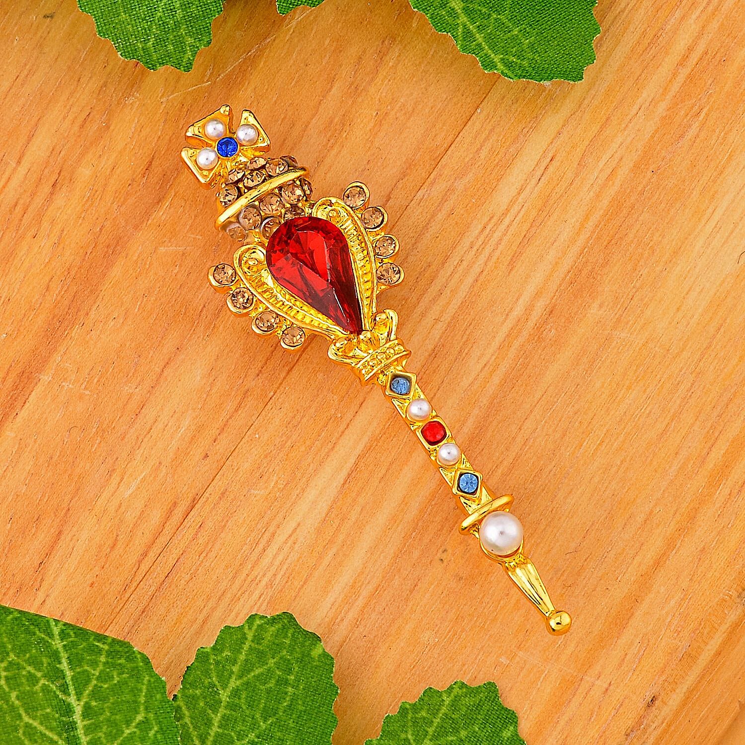 Simulated Pearl, Simulated Red Topaz and Multi Colour Crystal Enamelled Brooch in Yellow Gold Tone