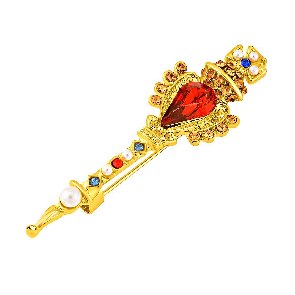 Simulated Pearl, Simulated Red Topaz and Multi Colour Crystal Enamelled Brooch in Yellow Gold Tone