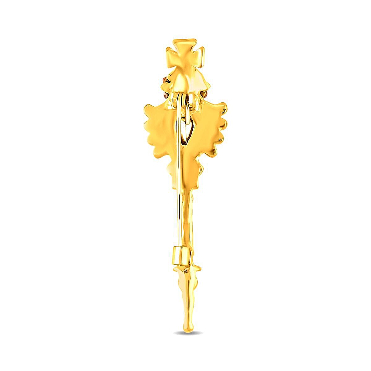 Simulated Pearl, Simulated Red Topaz and Multi Colour Crystal Enamelled Brooch in Yellow Gold Tone