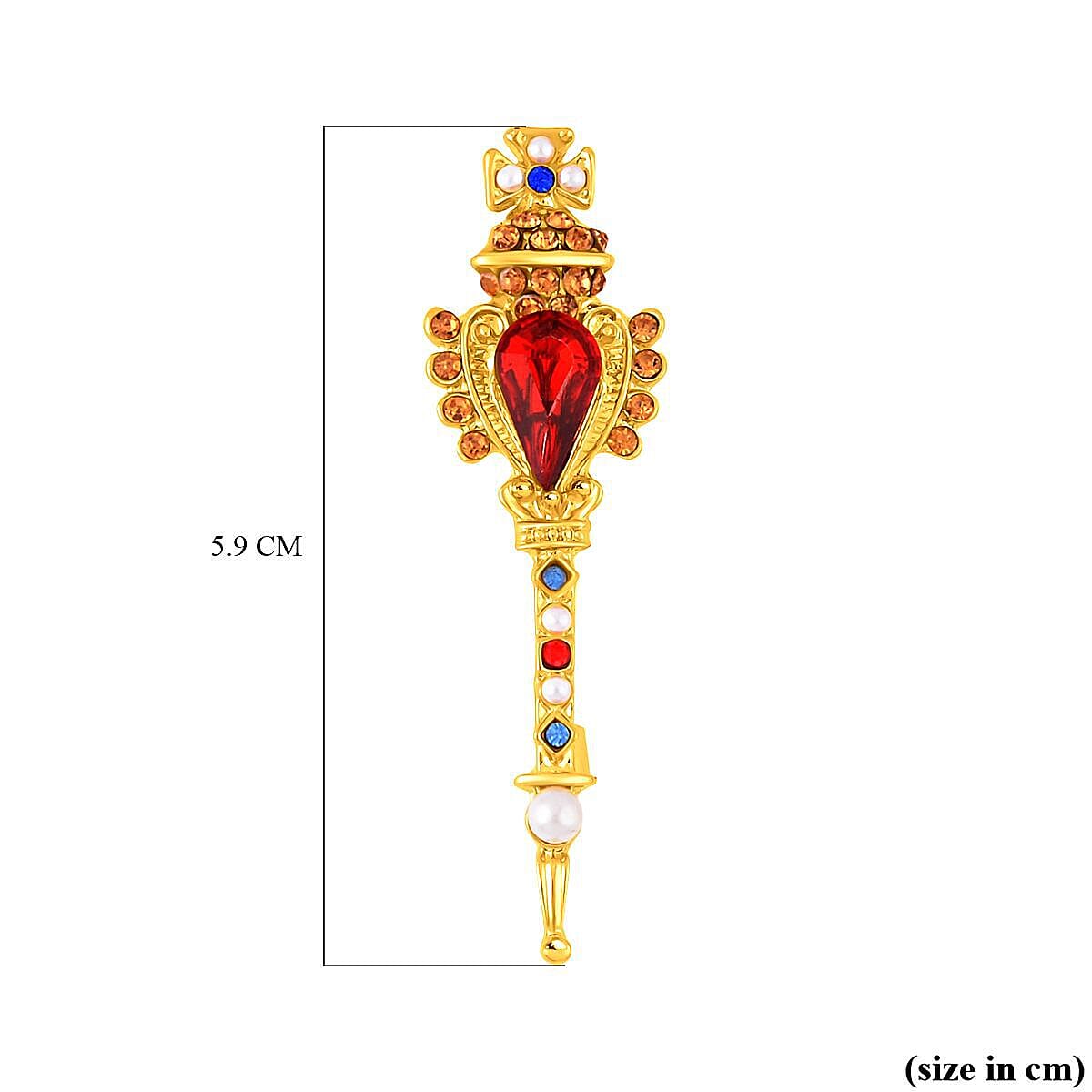 Simulated Pearl, Simulated Red Topaz and Multi Colour Crystal Enamelled Brooch in Yellow Gold Tone