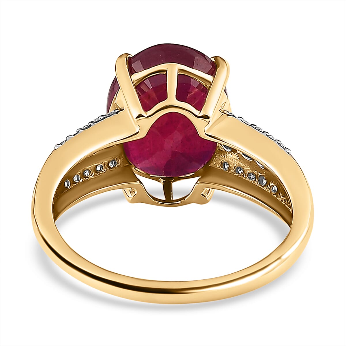 9K Yellow Gold African Ruby & Moissanite Ring 5.43 Ct. 9K Yellow Gold African Ruby & Moissanite Ring 5.43 Ct.