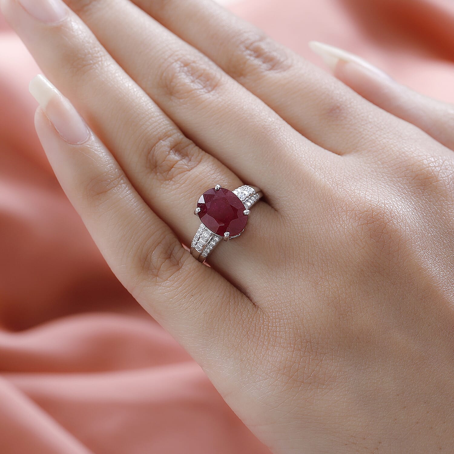 9K White Gold African Ruby & Moissanite Ring 5.43 Ct.