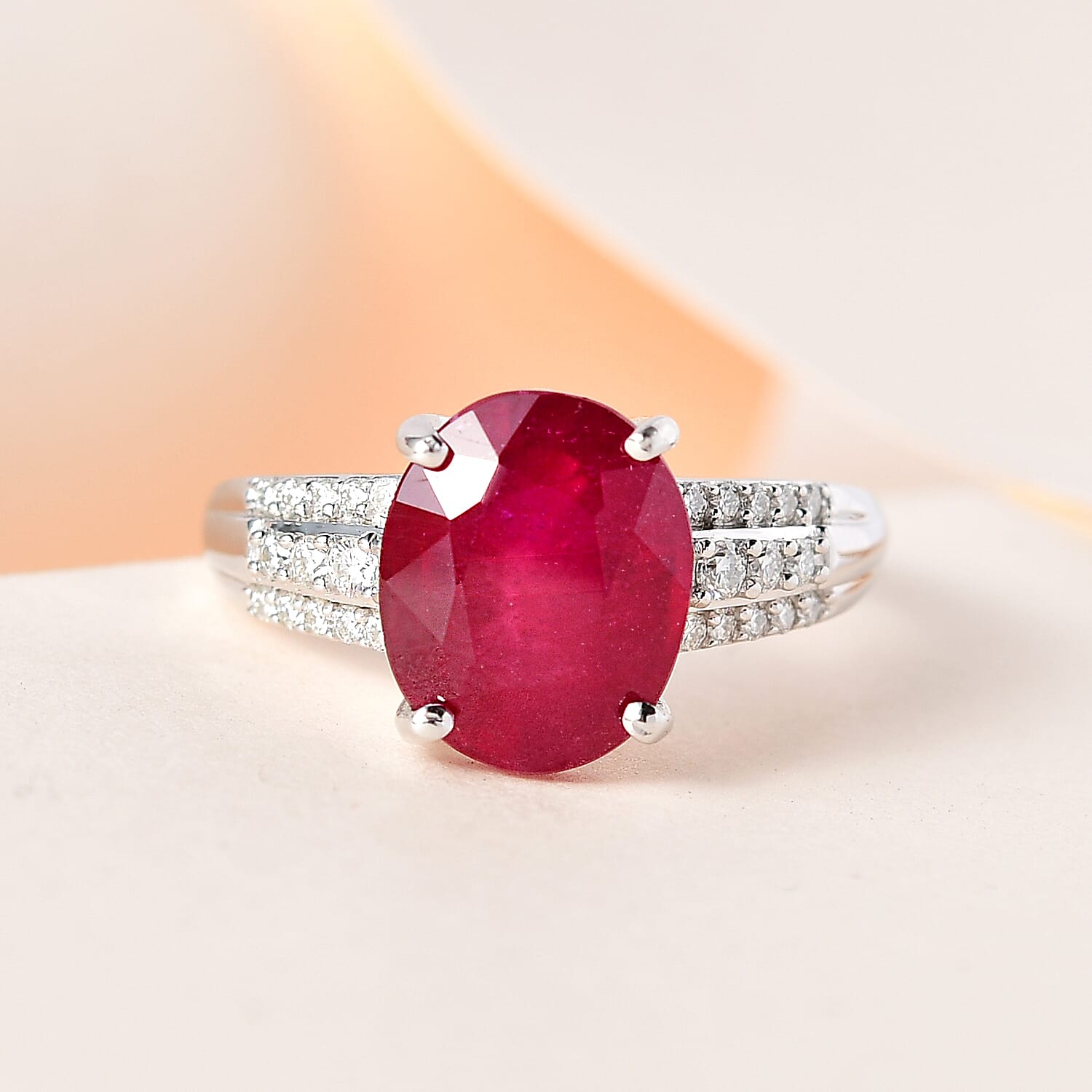 9K White Gold African Ruby & Moissanite Ring 5.43 Ct.
