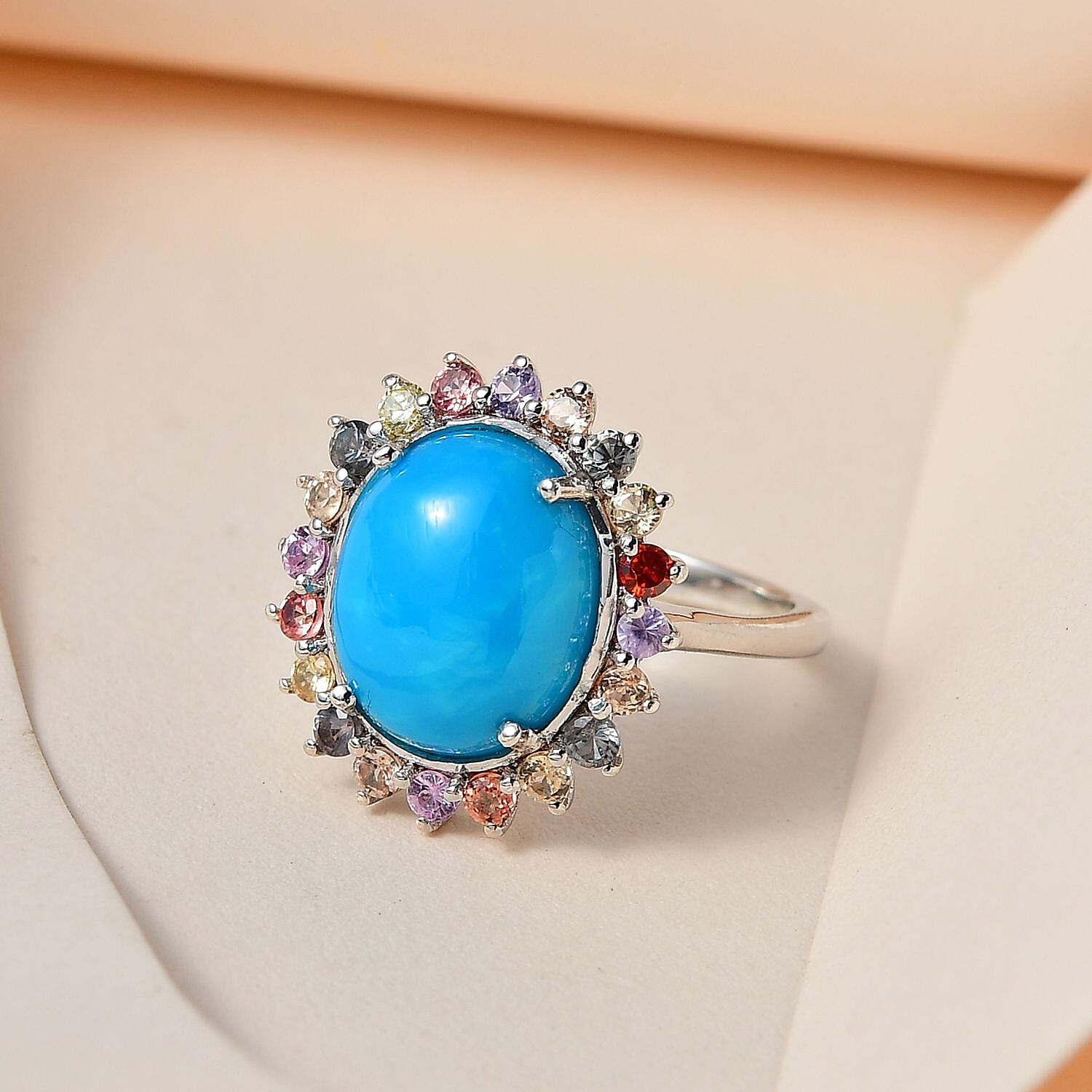 Arizona Sleeping Beauty Turquoise & Multi Sapphire Halo Ring in Platinum Overlay Sterling Silver 5.20 Ct