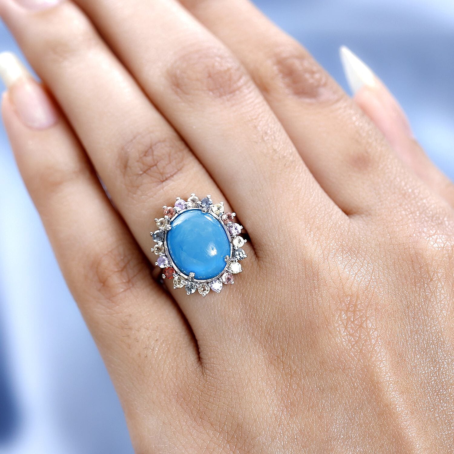 Arizona Sleeping Beauty Turquoise & Multi Sapphire Halo Ring in Platinum Overlay Sterling Silver 5.20 Ct