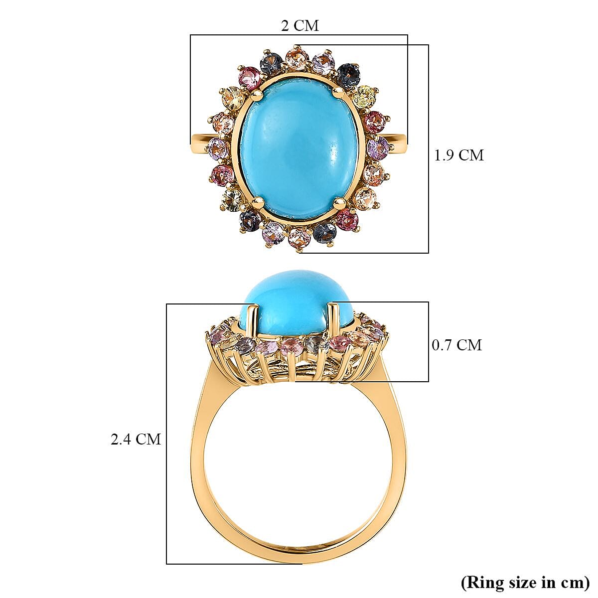 Arizona Sleeping Beauty Turquoise & Multi Sapphire Ring in 18K Vermeil YG Plated Sterling Silver 5.20 Ct