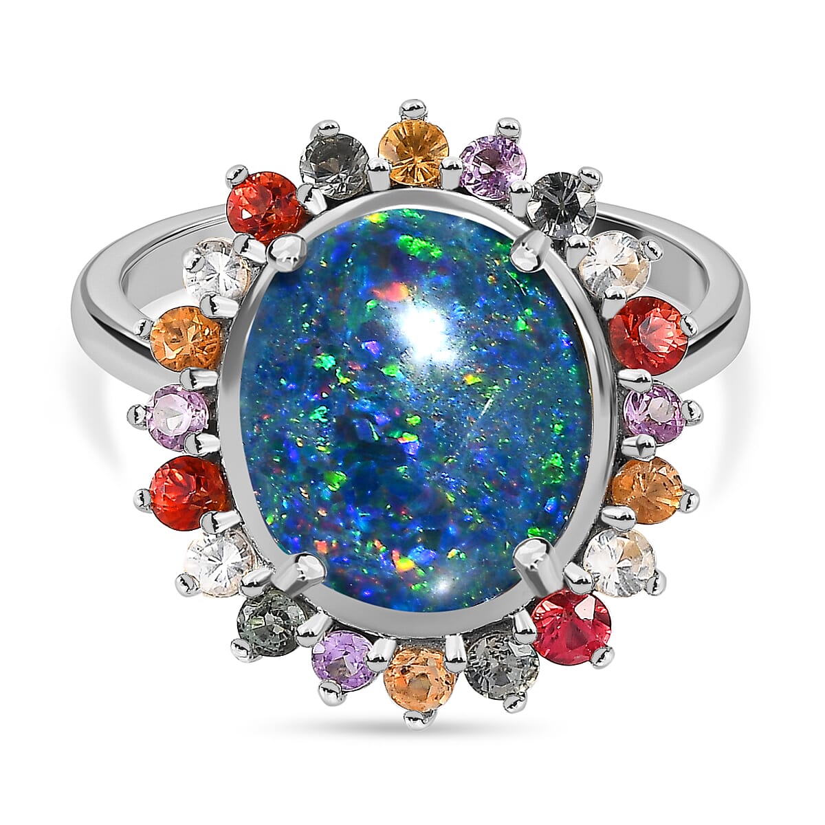 Boulder Opal and Multi Sapphire Ring in Platinum Overlay Sterling Silver 3.82 Ct.