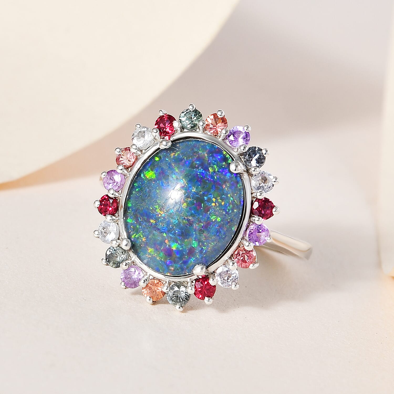 Boulder Opal and Multi Sapphire Ring in Platinum Overlay Sterling Silver 3.82 Ct.