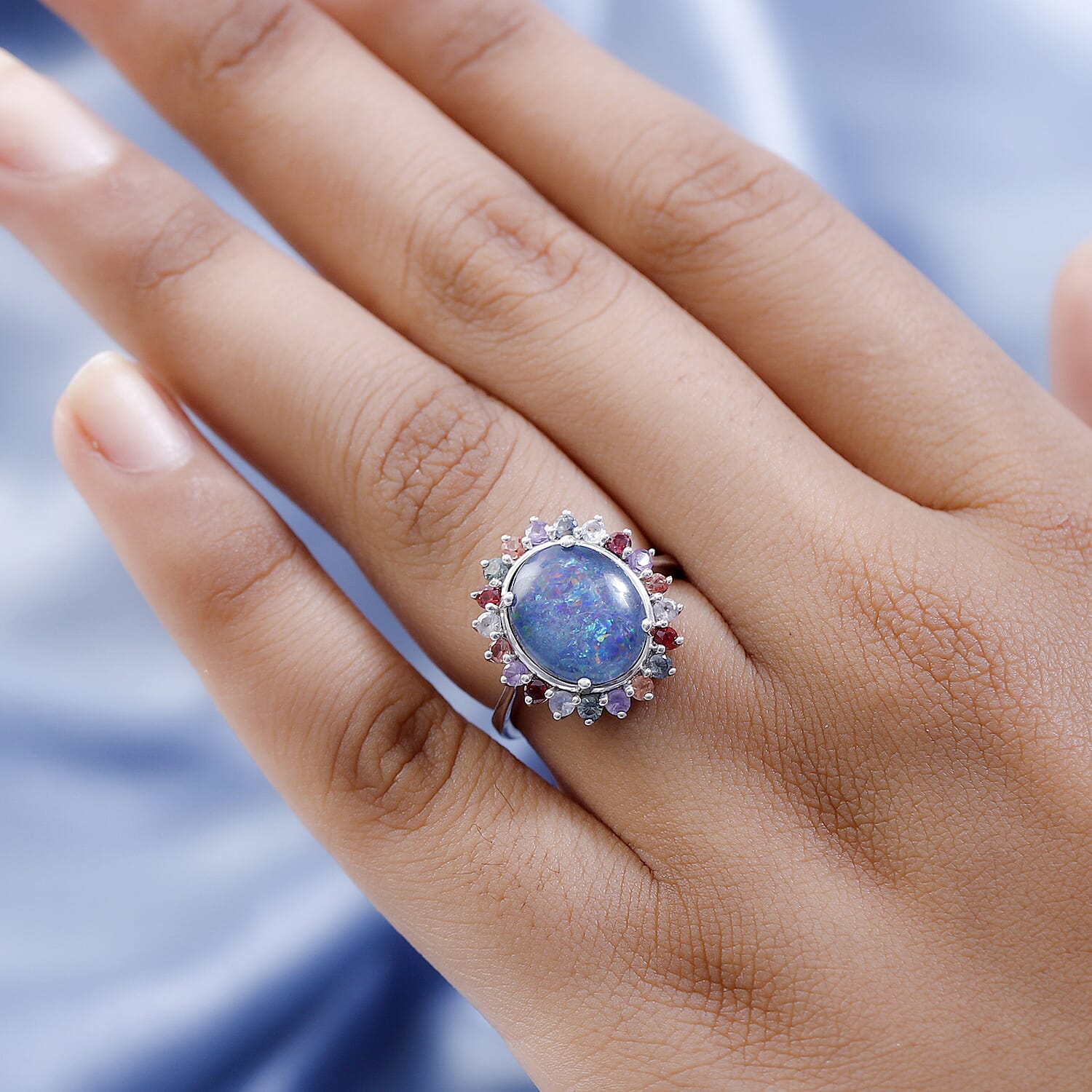 Boulder Opal and Multi Sapphire Ring in Platinum Overlay Sterling Silver 3.82 Ct.