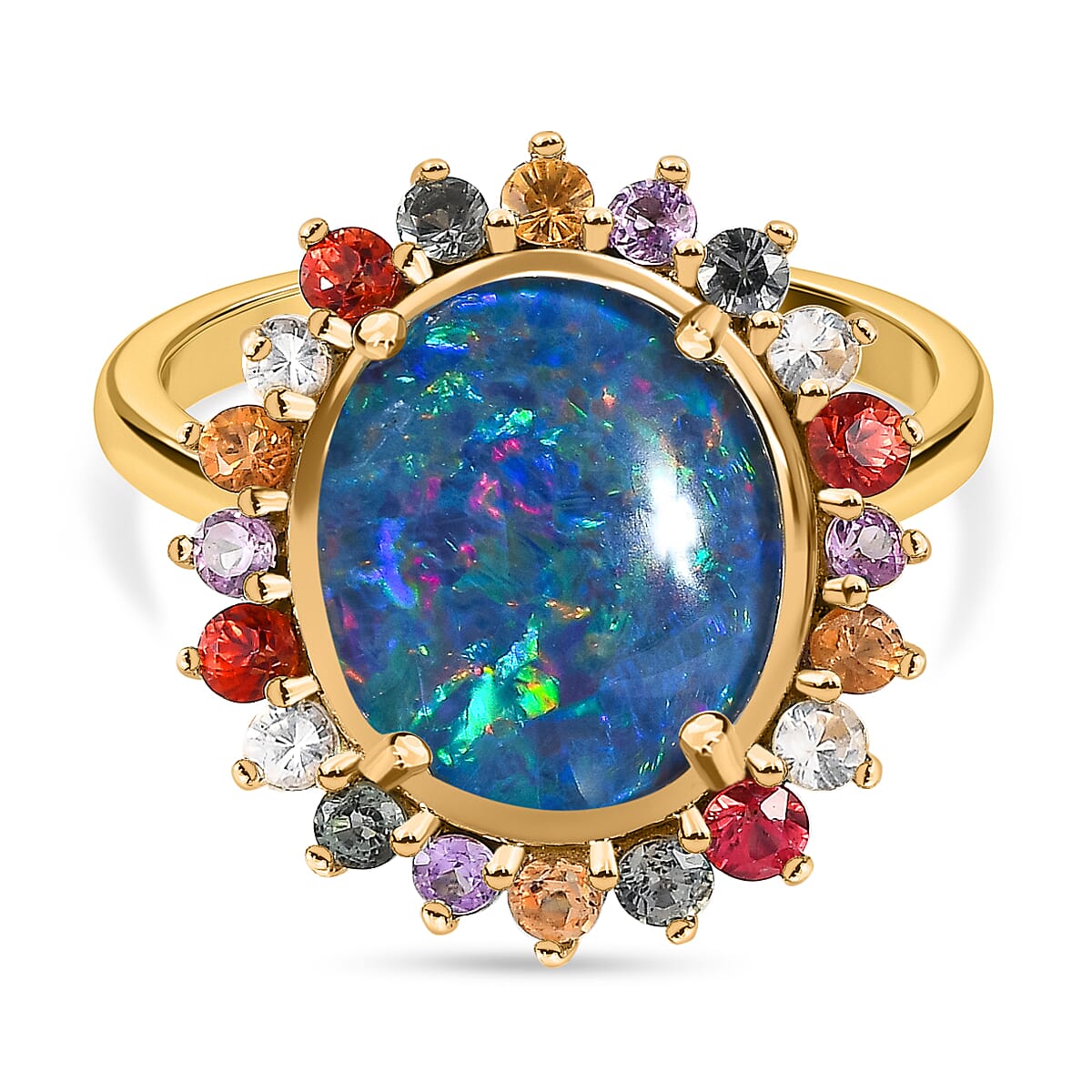 Boulder Opal and Multi Sapphire Ring in 18K Vermeil Yellow Gold Plated Sterling Silver 3.82 Ct.