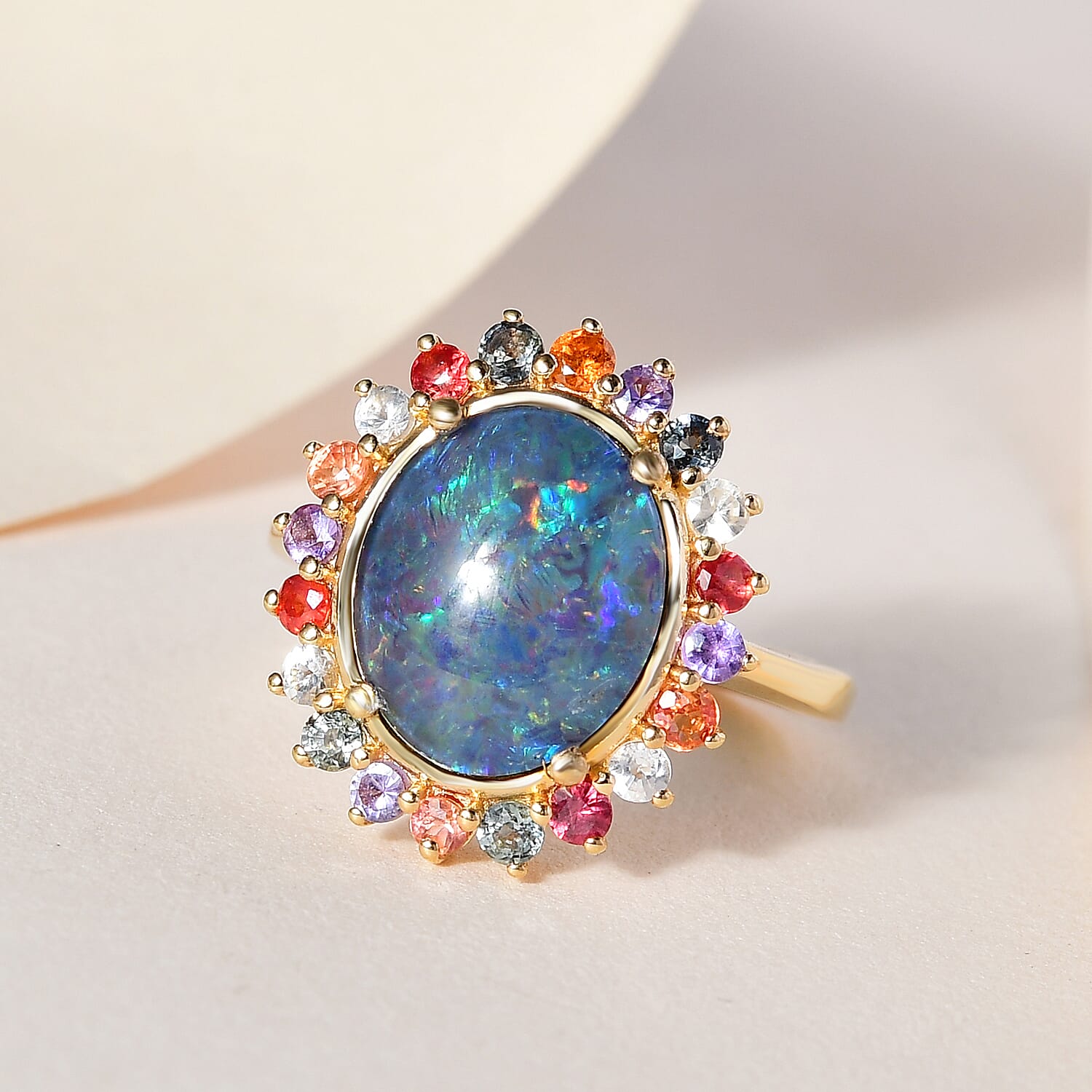 Boulder Opal and Multi Sapphire Ring in 18K Vermeil Yellow Gold Plated Sterling Silver 3.82 Ct.
