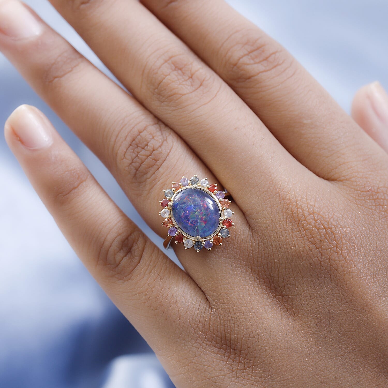 Boulder Opal and Multi Sapphire Ring in 18K Vermeil Yellow Gold Plated Sterling Silver 3.82 Ct.
