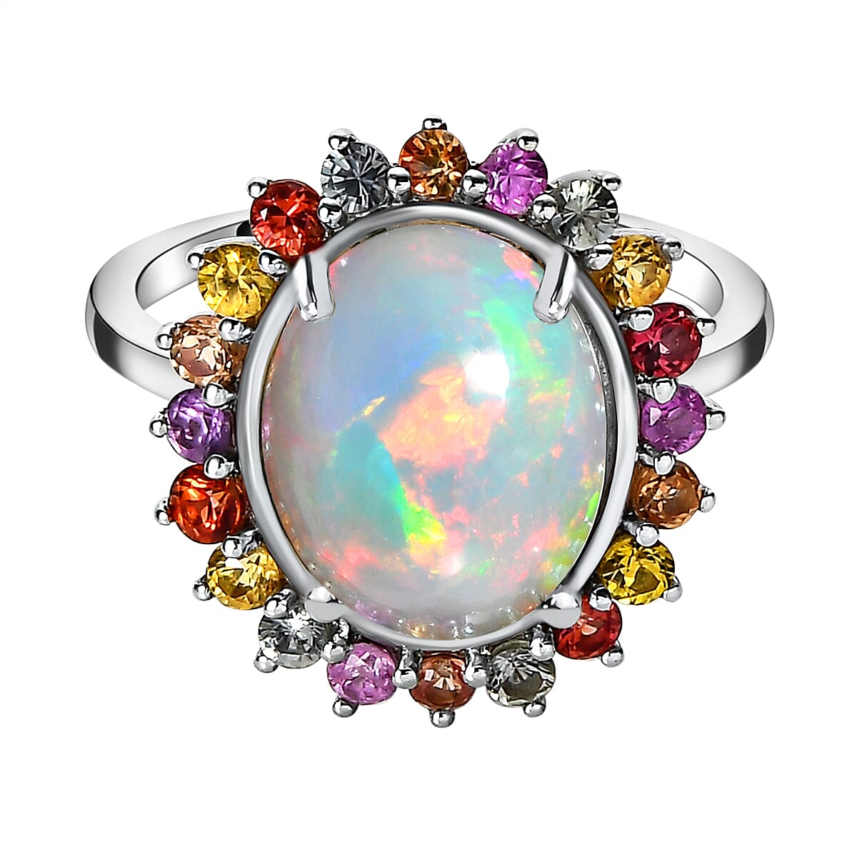 Ethiopian Welo Opal and Multi Sapphire Ring in Platinum Overlay Sterling Silver 4.10 Ct.