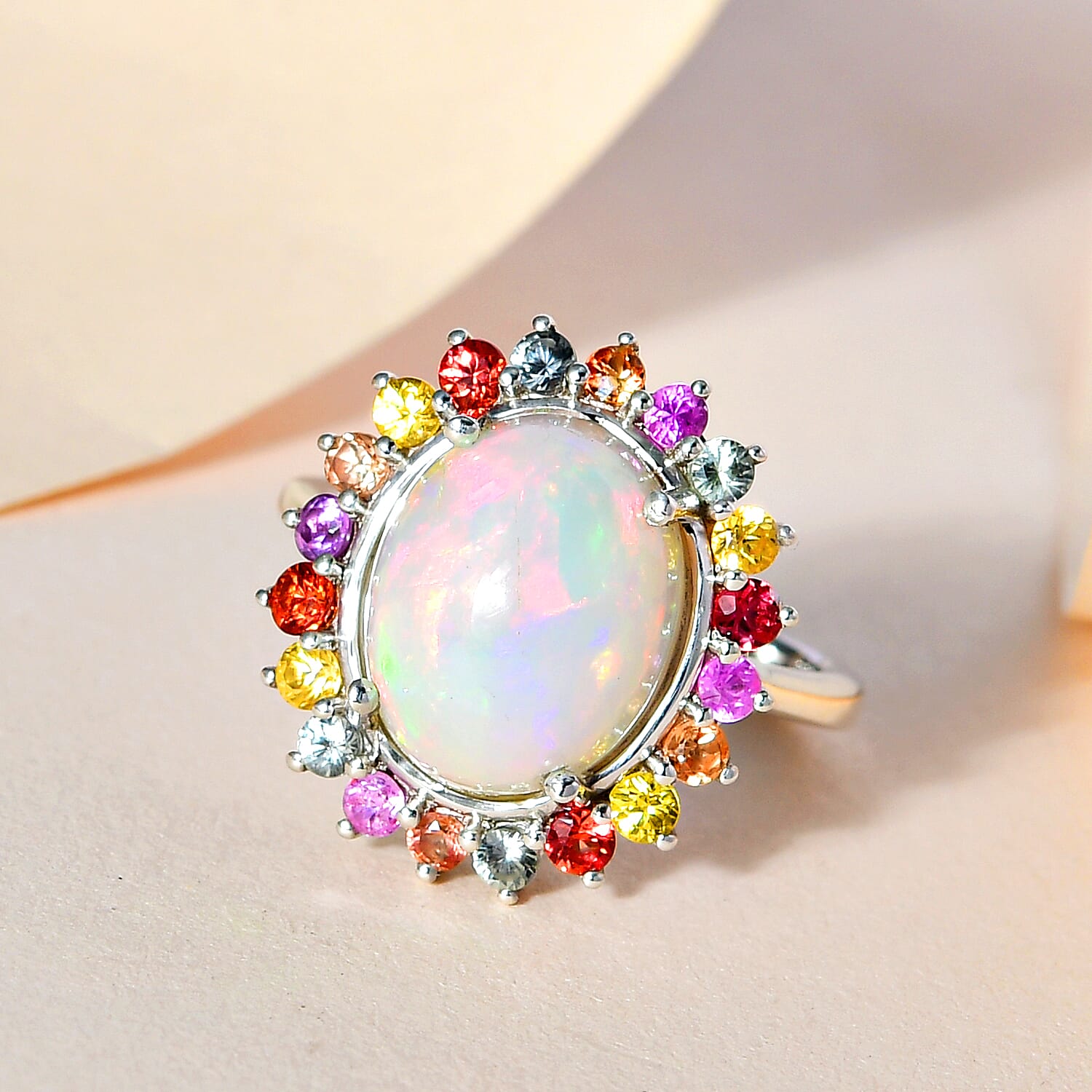 Ethiopian Welo Opal and Multi Sapphire Ring in Platinum Overlay Sterling Silver 4.10 Ct.