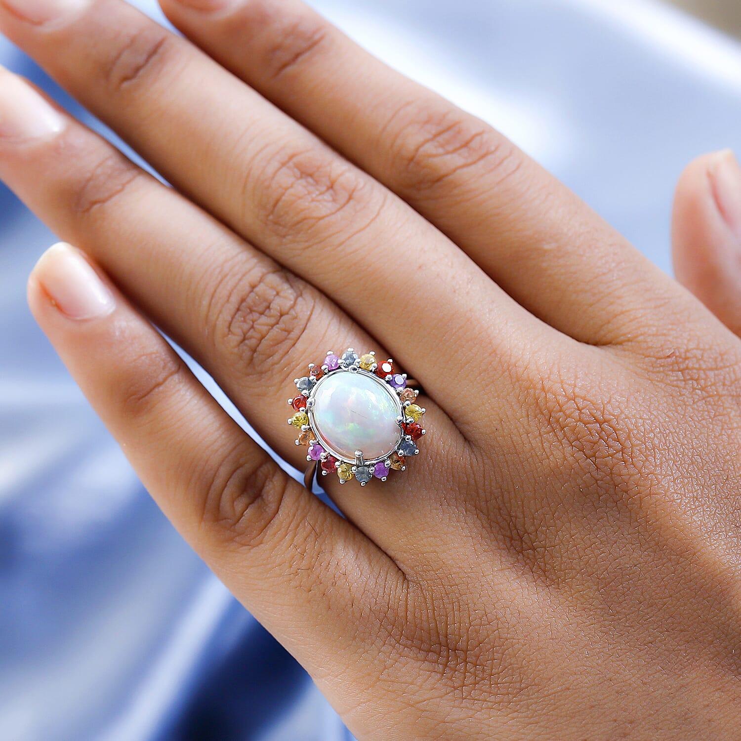 Ethiopian Welo Opal and Multi Sapphire Ring in Platinum Overlay Sterling Silver 4.10 Ct.