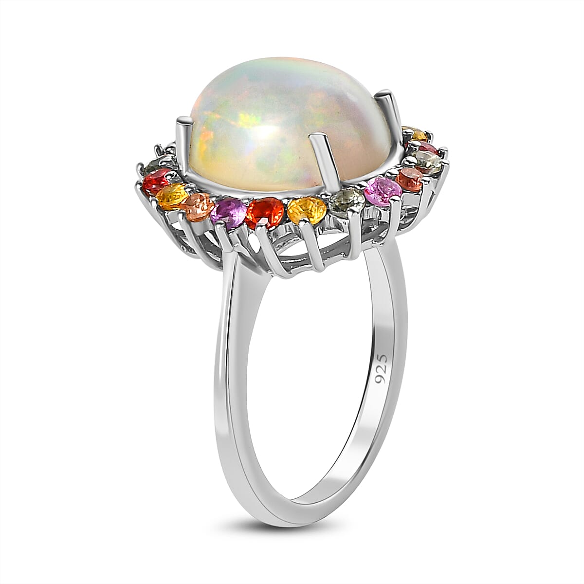 Ethiopian Welo Opal and Multi Sapphire Ring in Platinum Overlay Sterling Silver 4.10 Ct.