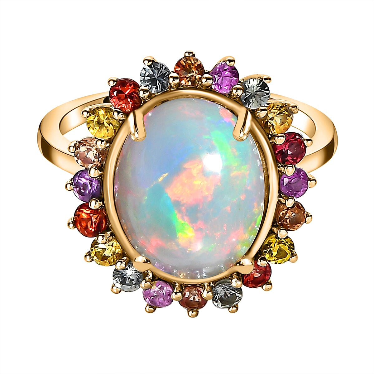 Ethiopian Welo Opal and Multi Sapphire Ring in 18K Vermeil Yellow Gold Plated Sterling Silver 4.10 Ct.