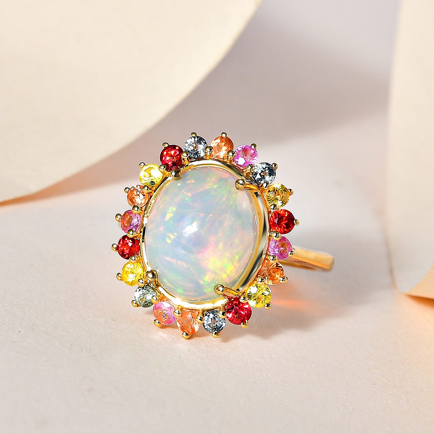 Ethiopian Welo Opal and Multi Sapphire Ring in 18K Vermeil Yellow Gold Plated Sterling Silver 4.10 Ct.