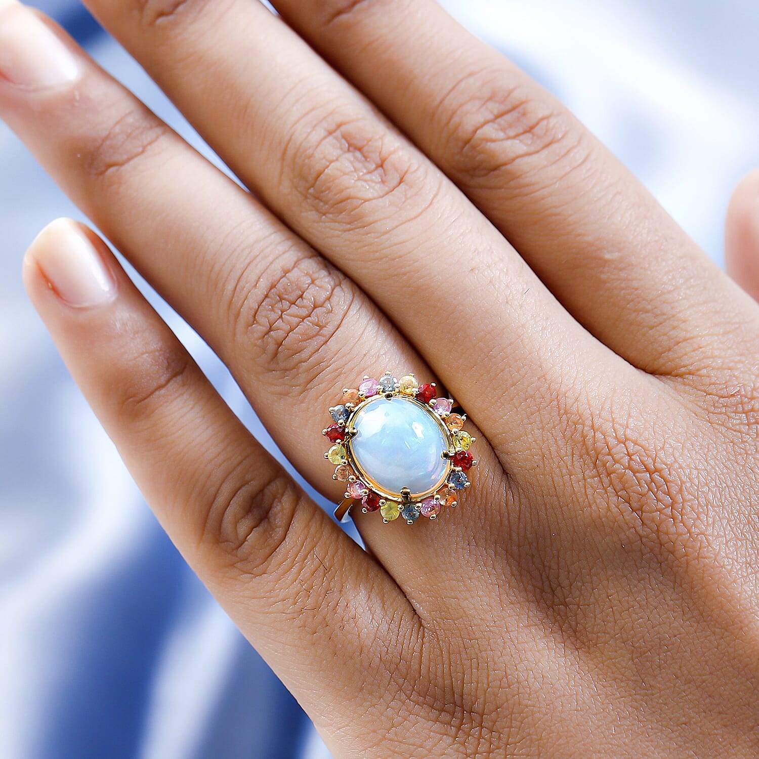 Ethiopian Welo Opal and Multi Sapphire Ring in 18K Vermeil Yellow Gold Plated Sterling Silver 4.10 Ct.