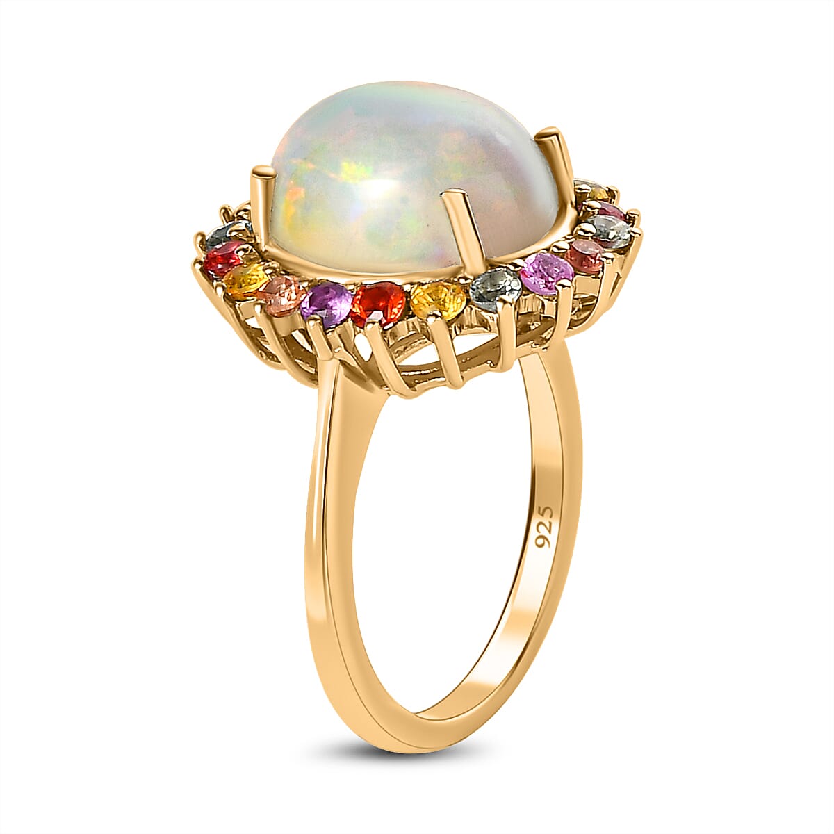 Ethiopian Welo Opal and Multi Sapphire Ring in 18K Vermeil Yellow Gold Plated Sterling Silver 4.10 Ct.