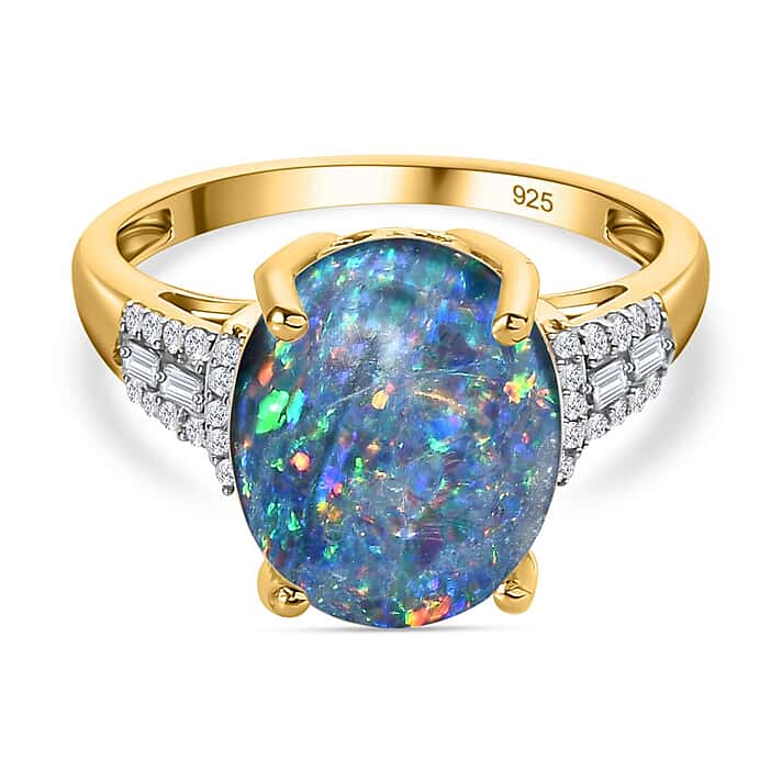 D'Joy Boulder Opal, Moissanite Classic Solitaire Ring in 18K vermeil Yellow Gold in Sterling Silver 3.04 Ct.